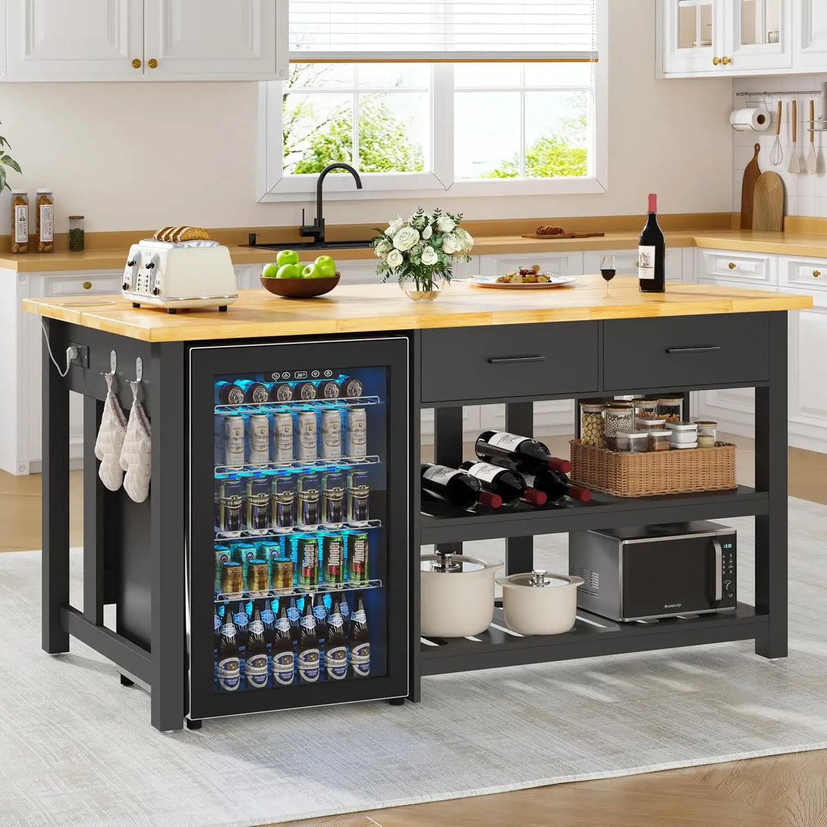 Kitchen Island with Storage and Seating Include Fridge Space, 60" Solid Rubberwood Top Kitchen Island with 2, Customized