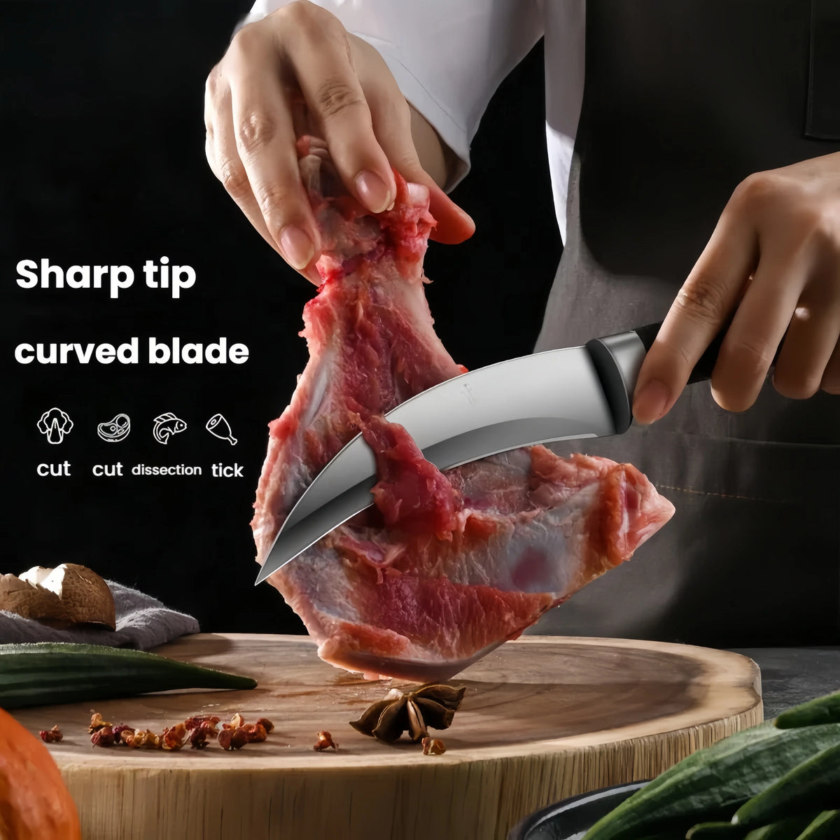 Kitchen Bone Removal Knife Kitchen Knife Made of Stainless Steel Sharp and Curved Blade with a Knife Sheath and Anti-Slip Handle