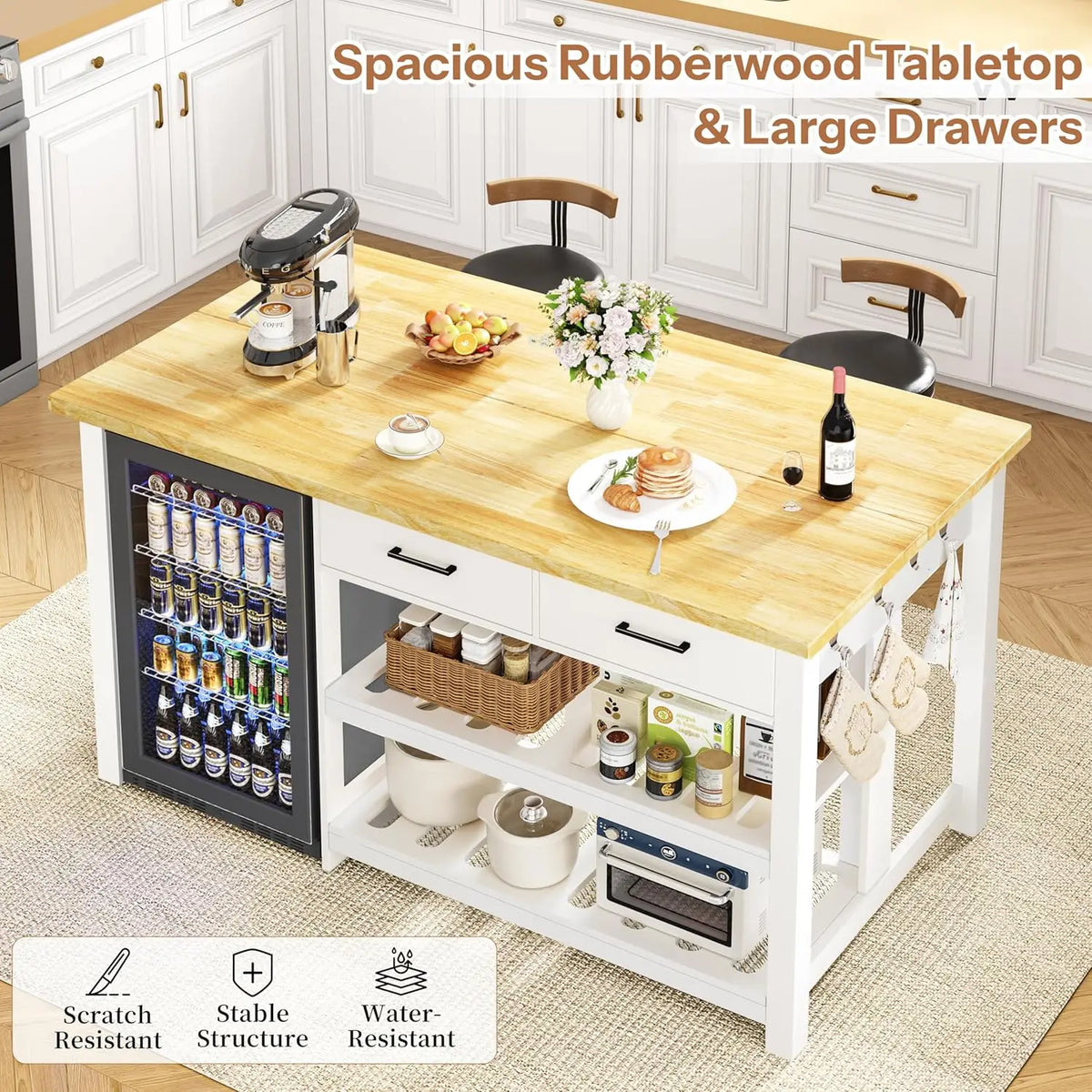 Kitchen Island with Storage and Seating Include Fridge Space, 60" Solid Rubberwood Top Kitchen Island with 2, Customized