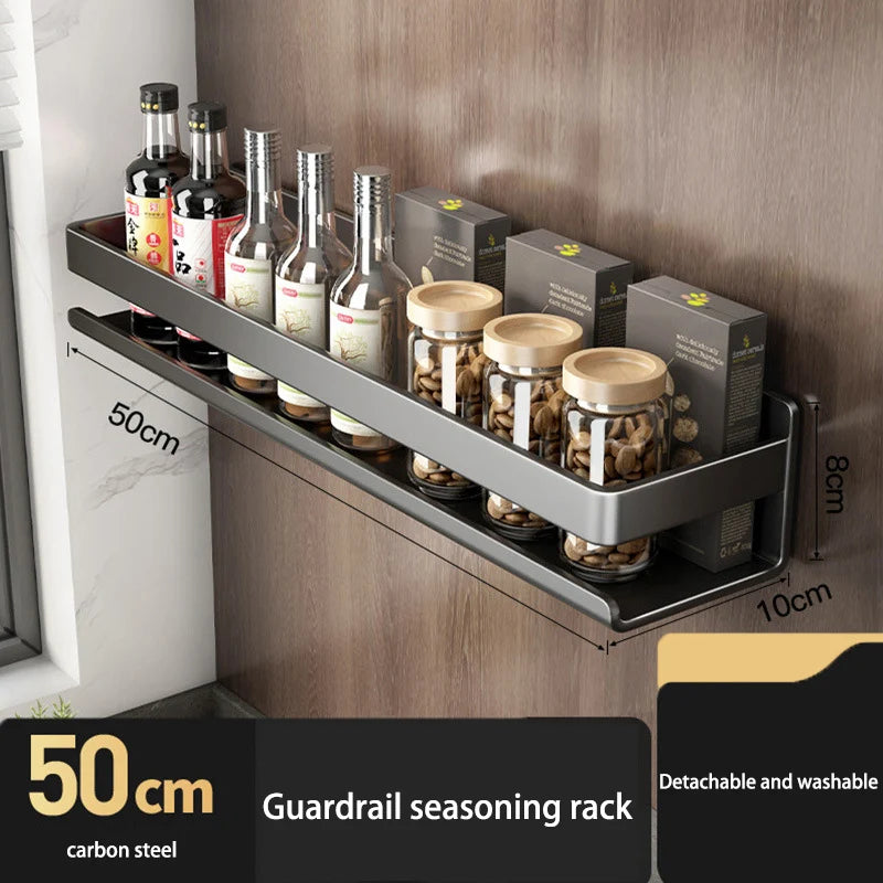 Kitchen Carbon Steel Storage Dish Rack For Seasonings Wall-mounted Multi-functional Hanging Shelf Without Drilling Holes