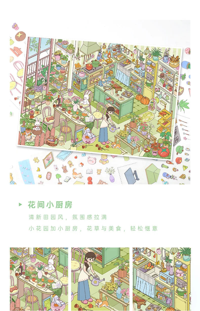 Kawaii The kitchen is busy  3D Game House  Landscape Sticker  DIY Pocket Cabin Scene festival gift