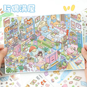 Kawaii The kitchen is busy  3D Game House  Landscape Sticker  DIY Pocket Cabin Scene festival gift