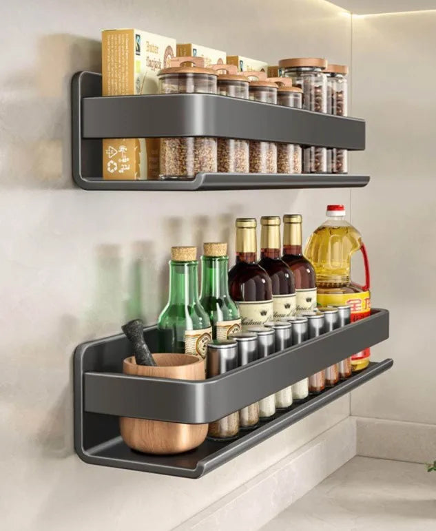 Kitchen Carbon Steel Storage Dish Rack For Seasonings Wall-mounted Multi-functional Hanging Shelf Without Drilling Holes