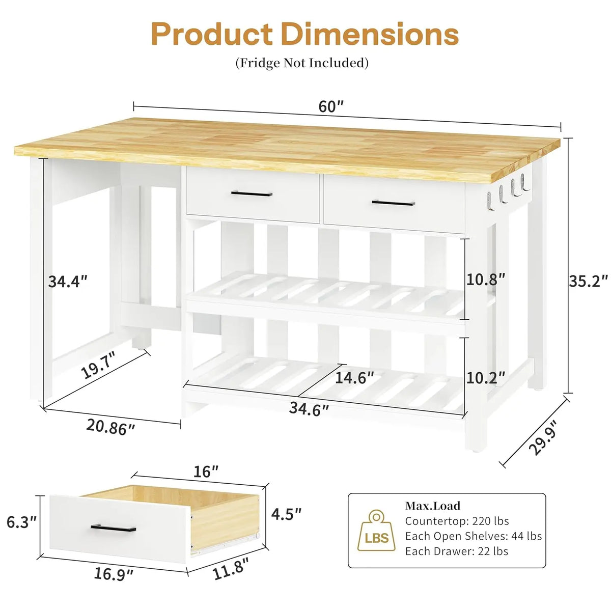 Kitchen Island with Storage and Seating Include Fridge Space, 60" Solid Rubberwood Top Kitchen Island with 2, Customized