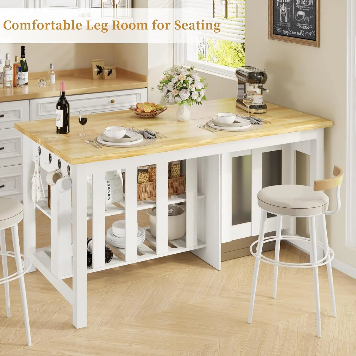Kitchen Island with Storage and Seating Include Fridge Space, 60" Solid Rubberwood Top Kitchen Island with 2, Customized
