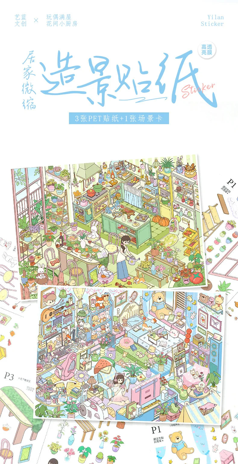 Kawaii The kitchen is busy  3D Game House  Landscape Sticker  DIY Pocket Cabin Scene festival gift