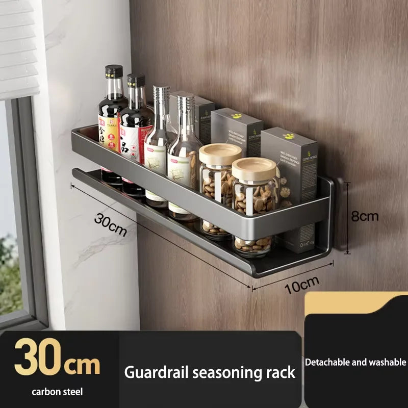 Kitchen Carbon Steel Storage Dish Rack For Seasonings Wall-mounted Multi-functional Hanging Shelf Without Drilling Holes